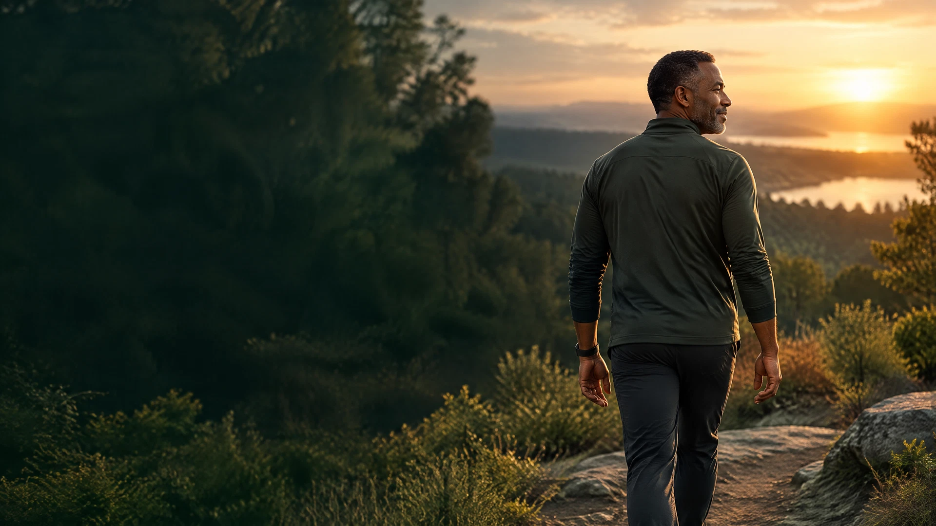 A healthy man walking outdoors at sunrise